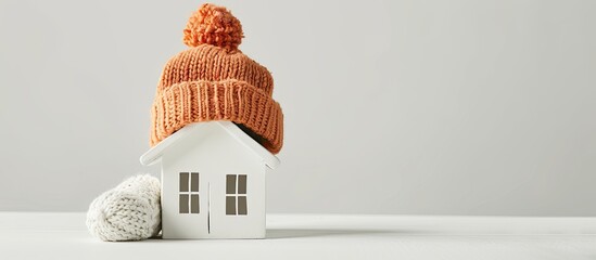 Concept of heating illustrated through a house model wearing a knitted hat on a white background, perfect as a copy space image.