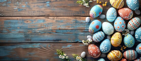 Aufkleber - Easter Eggs decoration on wooden background creates a festive Happy Easter Holidays copy space image.