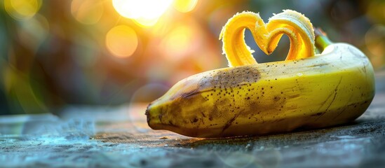 Wall Mural - Banana fruit with a heart-shaped scratch on its peel, creating a love-themed copy space image.