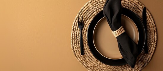 Poster - Close-up of an elegant table setting with a black napkin against a beige background, with a copy space image.