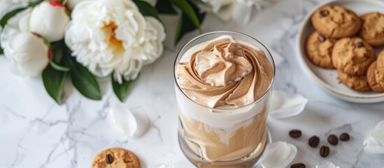 Leinwandbilder - Korean trend, Dalgona Coffee with milk and ice, a cold drink with whipped brown cream in a glass on a white table with cookies and peonies, in a top view copy space image.