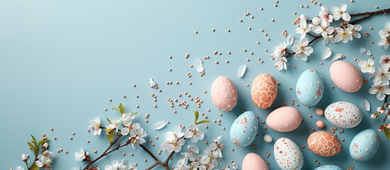 Aufkleber - Minimal Easter concept featuring a composition of Easter eggs and flower blossoms on a blue background with copy space image.
