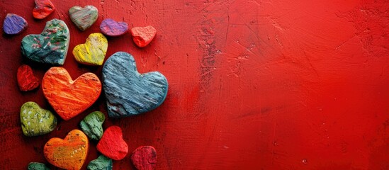 Aufkleber - Colorful heart shape viewed from the top on a red table with copy space image.