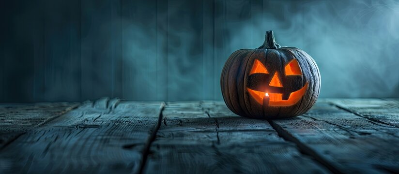 Spooky luminous pumpkin on rustic wood table against dark backdrop, ideal for Halloween theme with copy space image.