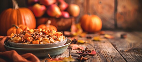 Poster - Traditional Thanksgiving holiday food displayed with pumpkins on a rustic old wooden table, with ample copy space image for text or design elements.