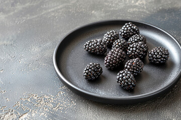 Wall Mural - Fresh blackberry and on black plate. top view.