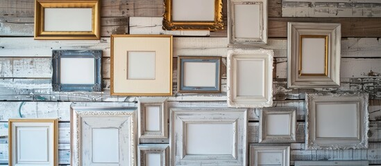 Leinwandbilder - Vintage frames with an empty middle hang on a shabby chic-style wooden wall, providing copy space image.
