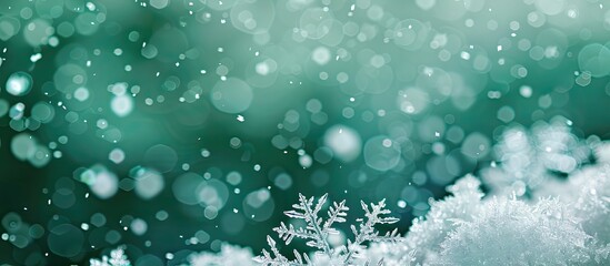 Leinwandbilder - Detailed snow crystals on a green background with copy space image