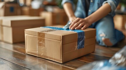 A person sealing a cardboard box with packing tape, surrounded by other partially packed boxes and packing materials on a wooden floor