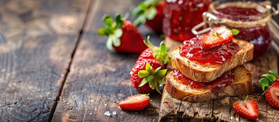 Poster - Bread with strawberry jam on vibrant table with copy space image.
