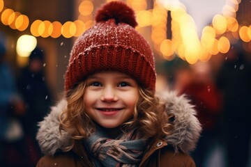 Wall Mural - A young girl wearing a red hat and a scarf is smiling. She is standing in front of a blurry background