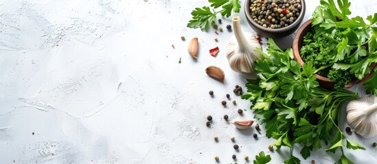 Poster - Fresh parsley and spices on a white background with copy space image.