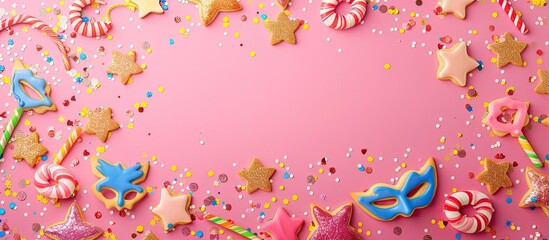 Canvas Print - Pink background with space for text featuring triangular Purim cookies, candy, mask, serpentine, and confetti, perfect for a festive Jewish holiday celebration - top view on a flat surface