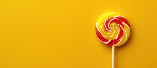 Poster - Damaged lollipop against yellow backdrop with copy space image.