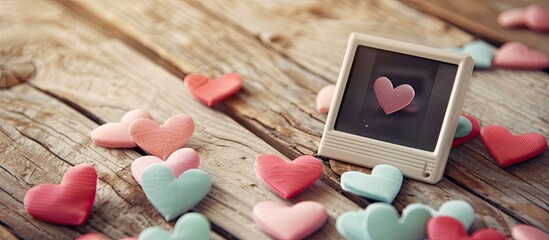Poster - On a wooden table, there is a charming display of a blank instant photo surrounded by heart shapes, creating a delightful copy space image.