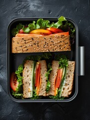 Wall Mural - A sandwich with lettuce and tomato is in a container. The sandwich is cut in half and placed in a metal container