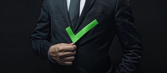 Wall Mural - Businessman in suit holding green check mark icon on black background, with copy space image available.