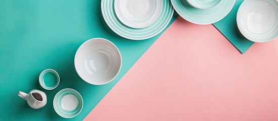 Poster - Modern white and blue ceramic tableware arranged on a pink and green background in a top-down view with ample space for text or imagery.