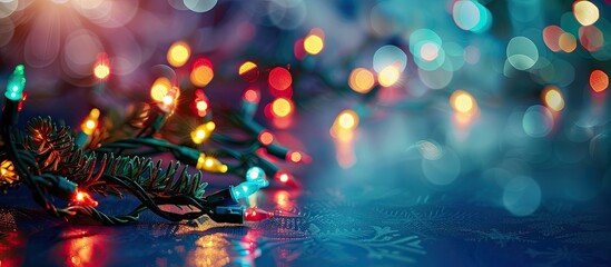 Canvas Print - Christmas lights with a transparent electric wire provide a festive glow. There is room for adding text, logos, or images in the copy space.