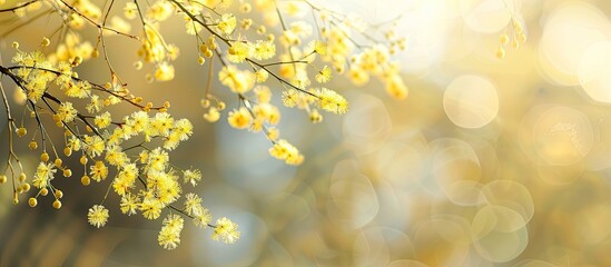 Canvas Print - Sparse Mimosa branch with yellow spring flowers; empty copy space image.