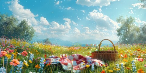Wall Mural - Summer Picnic in a Field of Flowers