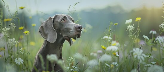 Weimaraner with gray fur standing in lush countryside with flowers and green grass, gazing into the distance, with a blank space for text or image. Copy space image. Place for adding text and design
