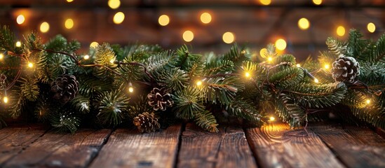 Aufkleber - Festive Christmas setting with fir garland, lights, and decorations on rustic wooden background, featuring ample copy space image.