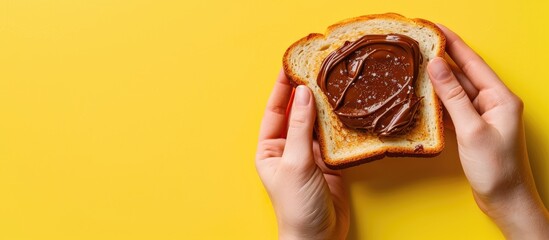 Poster - White toast with chocolate hazelnut spread on a yellow background, a breakfast idea with a mockup for text, ideal for a flat lay photo with copy space image.
