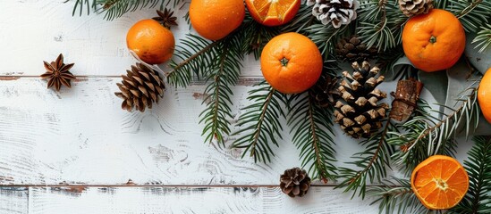 Poster - Top view of a festive Christmas arrangement with fir branches, tangerines, and cones displayed on a white wooden surface, allowing for additional elements in the composition.