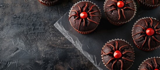 Sticker - Spooky Halloween spider muffins displayed in a top view over a dark slate background with copy space image.