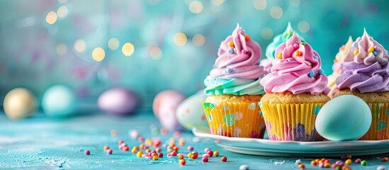 Poster - Colorful table with delicious Easter cupcakes adorned with eggs, ideal for a festive copy space image.