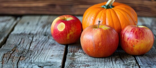 Wall Mural - Wooden background with a pumpkin and red and yellow apples setup for a perfect autumn copy space image.