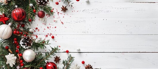 Aufkleber - Top-down view of a festive decoration arrangement on a white wooden backdrop with space for text or images. Copy space image. Place for adding text and design