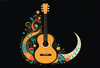 Wall Mural - a mexican guitar vihuela is painted on a black background with decorative moon and stars