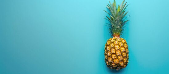 Wall Mural - Top view of a whole pineapple against a vibrant blue backdrop with ample copy space.