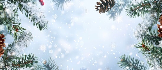 Poster - Christmas and New Year themed background featuring snowflakes, garland, and fir branches with copy space image.