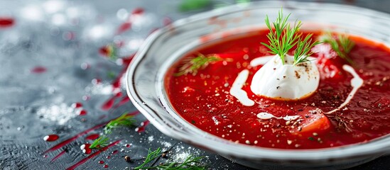 Aufkleber - Close-up of a plate with delicious borscht soup, with ample copy space image.