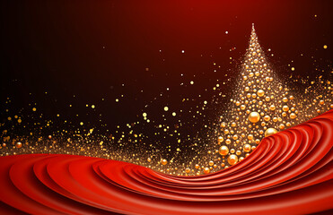 Wall Mural - Christmas New Years background with glittery golden Christmas tree on red background. Golden glitter garland lights