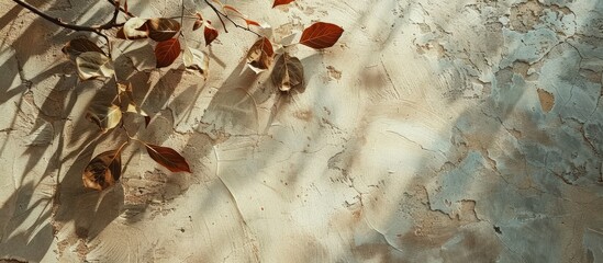 Fototapete - Old wall background with leaf shadow in natural light, perfect for copy space image.