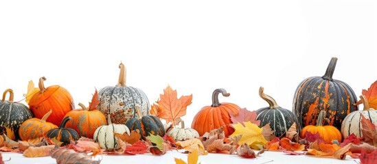 Poster - Various pumpkins displayed on a bed of fallen leaves, set against a white backdrop with copy space image.