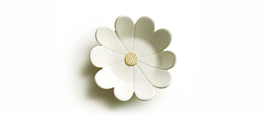 Poster - An empty ceramic plate in the shape of a flower set against a white backdrop with a clipping path for a copy space image.