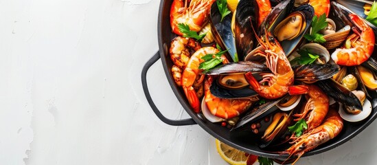 Sticker - A mix of fresh seafood like mussels, clams, squid, octopus, shrimp, and prawn in a skillet with a white background for a top view copy space image.