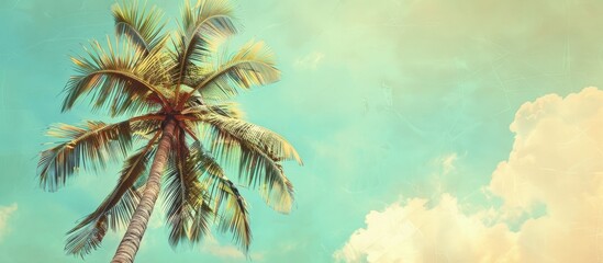 Poster - Tropical palm tree wallpaper with vintage effect in a sunny tropical resort landscape, perfect for travel inspiration with a copy space image.