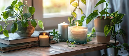 Aufkleber - Table adorned with green houseplants, aromatic candles, and books on it with a light background for a cozy setting and a copy space image.