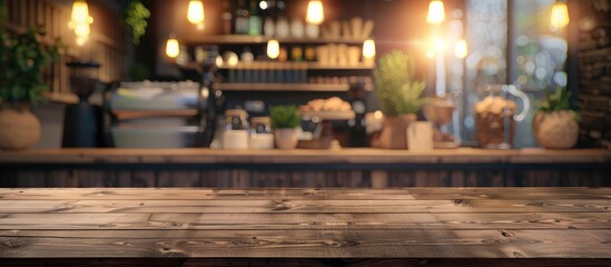 Poster - Brown wooden table with empty space and blurry coffee shop background, ideal for product displays or photomontages including copy space image.