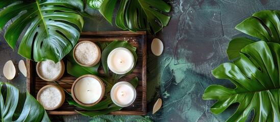 Poster - Spa beauty products for skincare, body, and hair care displayed with green tropical leaves on a wooden tray in a flat lay style, offering a top view presentation with ample copy space image.