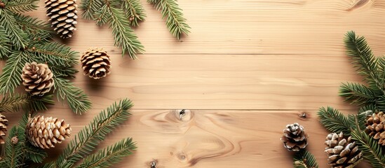 Aufkleber - Light wooden background with fir branches and cones, offering space for your design in this copy space image.