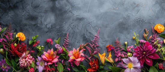 Fototapete - Colorful garden flowers displayed on a stone table background, providing a backdrop with ample copy space for additional elements.