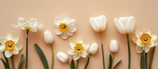 Poster - A flat lay composition showcasing Narcissus flowers and white tulips on a beige background with ample copy space, ideal for a neutral book cover concept.