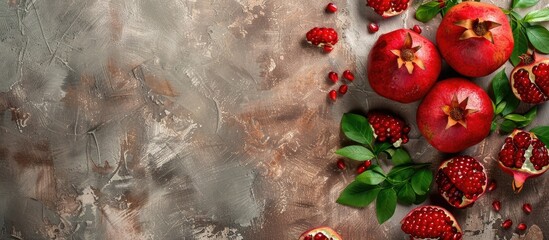 Canvas Print - Top view of churchkhelas and pomegranate on a textured table with copy space image available.